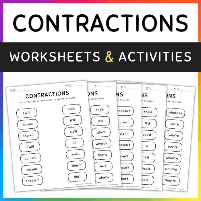 First grade students matching words with their contractions on a worksheet