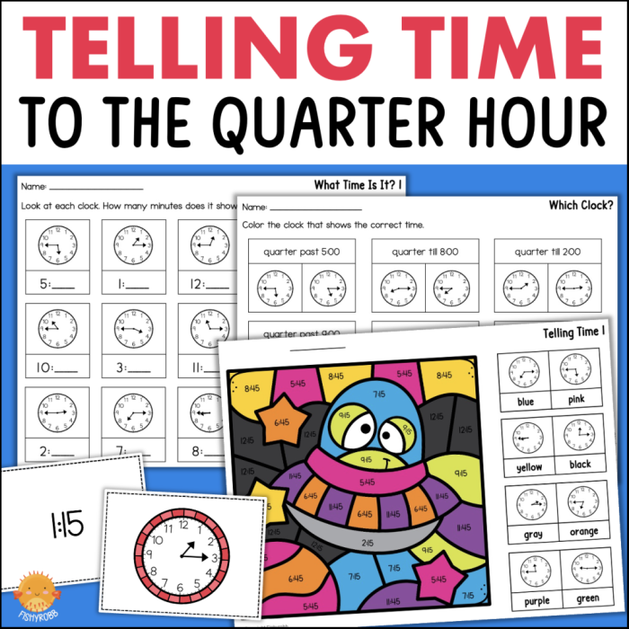 Second grade students practicing reading analog clocks to the quarter hour on a math worksheet