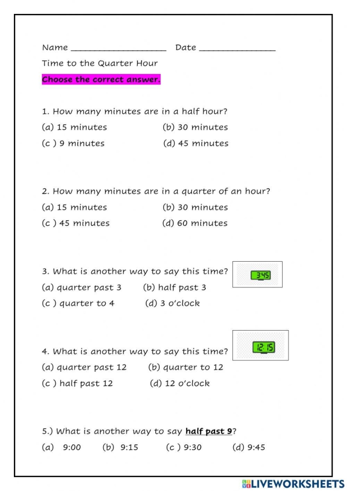 Worksheet featuring analog clocks for telling time to the quarter hour