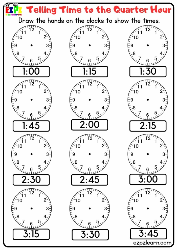 Worksheet featuring analog clocks for telling time to the quarter hour