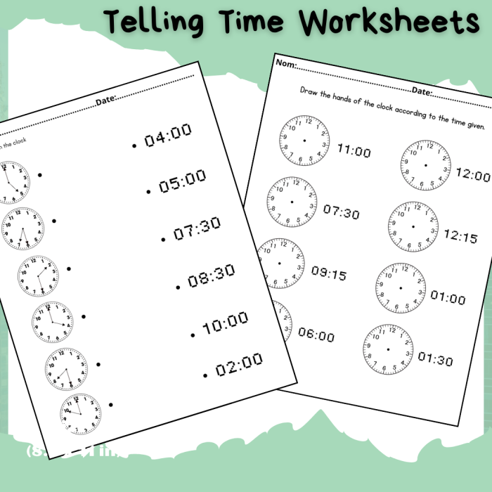 Worksheet featuring analog clocks for telling time to the quarter hour