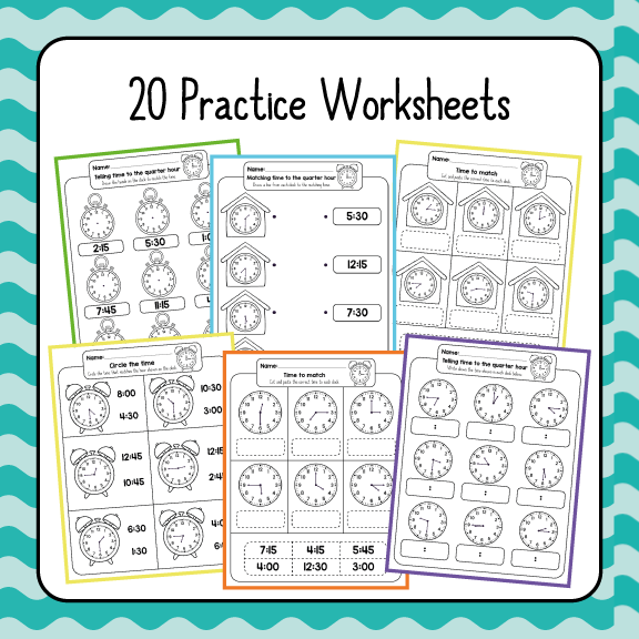Worksheet featuring clocks for reading time to the quarter hour