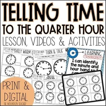 Worksheet for telling time to the quarter hour using analog clocks