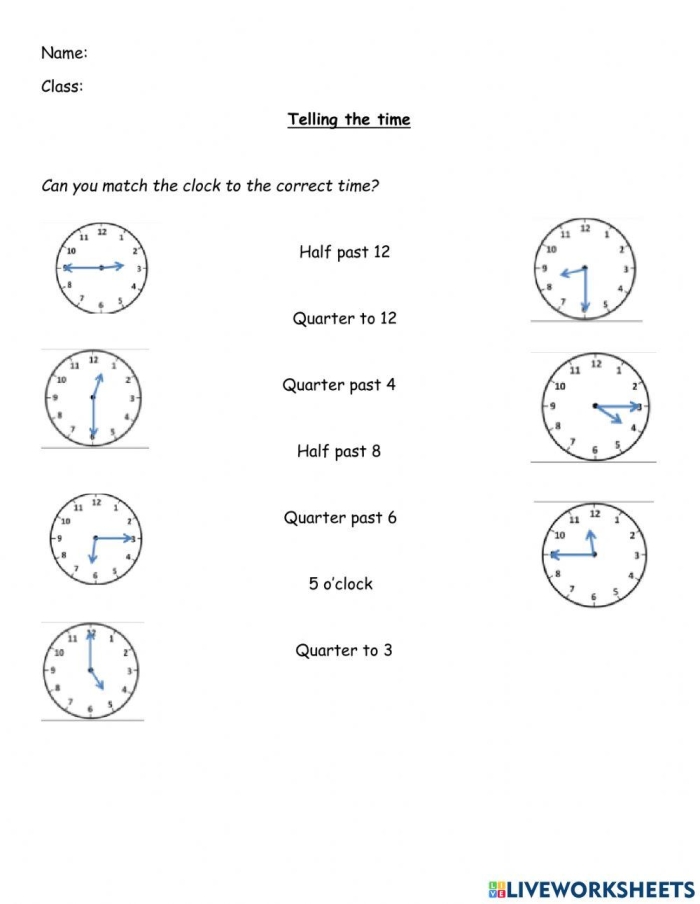Worksheet featuring clocks for telling time to the quarter hour