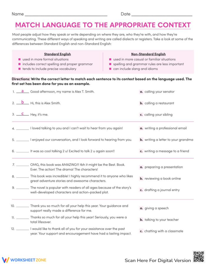 Sixth grade worksheet featuring exercises to help students match language styles to different social contexts