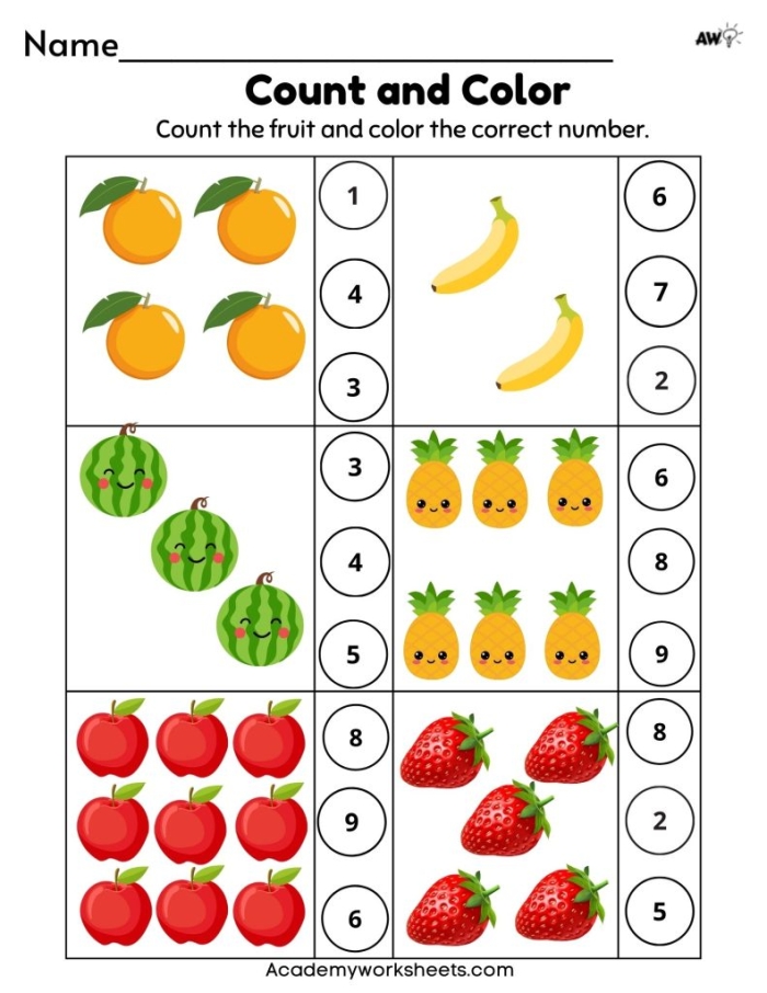 Interactive tracing exercise for young learners to connect fruits with the correct numbers Worksheet image showing a Match the Numbers with the Fruits activity for Pre-K students