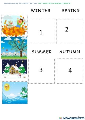 Kindergarten worksheet showing images of nature to cut and paste into the correct season category.