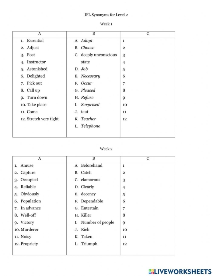 Students engaging with the Match the Synonyms Level 2 worksheet for vocabulary building
