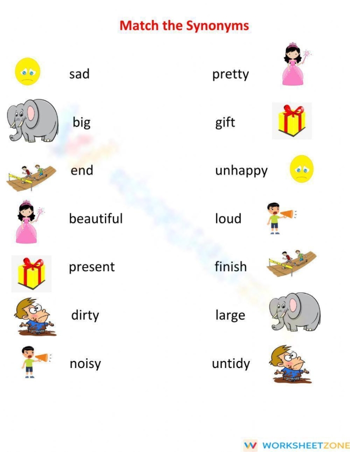 Synonyms matching worksheet for fourth graders to enhance vocabulary skills