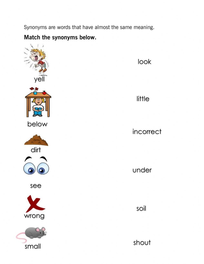 Worksheet for matching synonyms at Level 2 for fourth-grade students