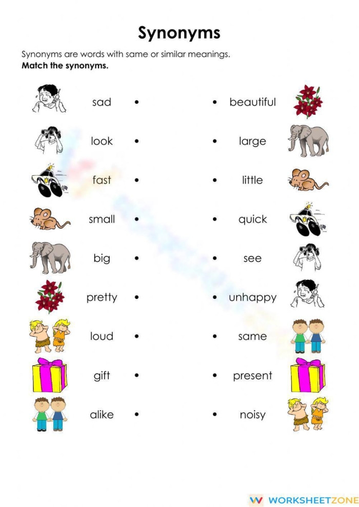 Worksheet for matching synonyms to enhance vocabulary skills in fourth graders