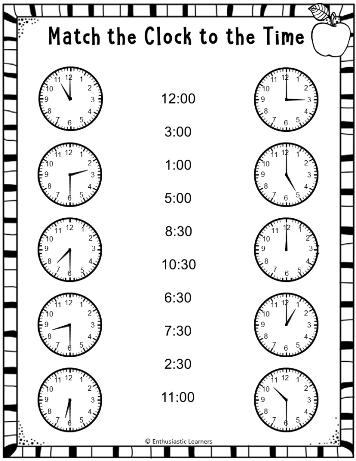 Engaging first-grade social studies skills activity featuring clock face matching Printable Match the Clock II worksheet for first graders to practice telling time