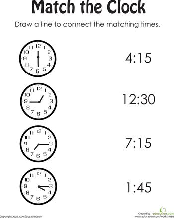 Printable activity for first grade social studies skills on telling time Match the Clock II worksheet featuring a clock face and written time for first graders