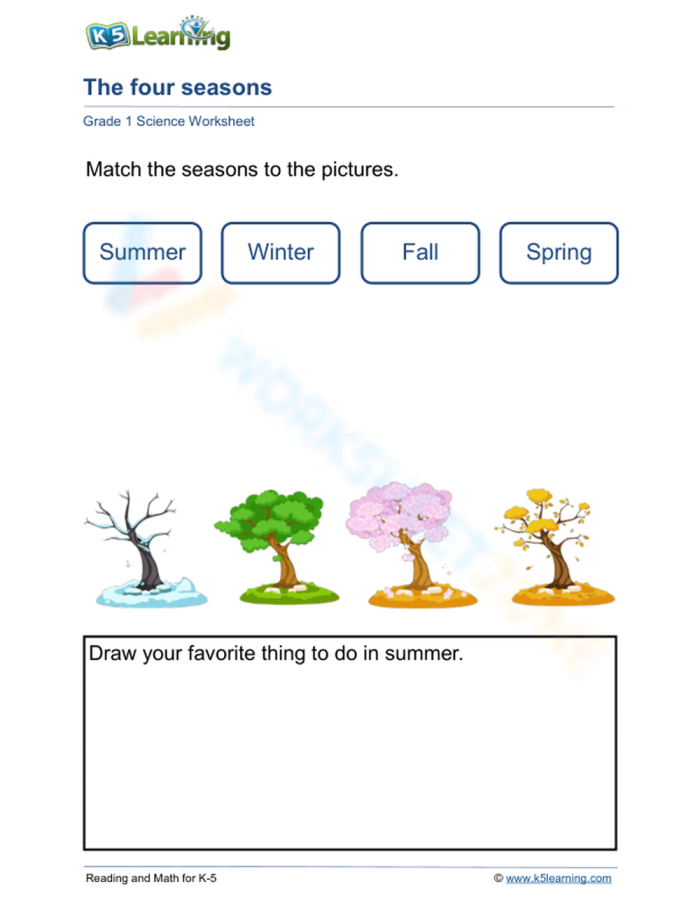 Kindergarten student matching seasonal shapes to winter, spring, summer, and fall pictures on a colorful worksheet