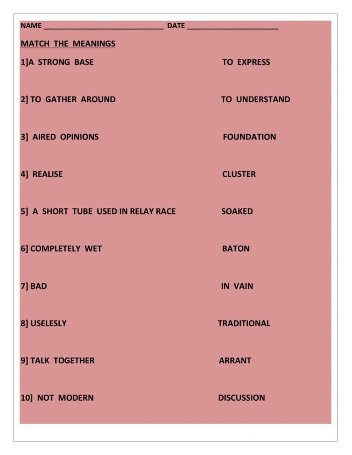 Worksheet aiding fourth graders in matching vocabulary words with their meanings