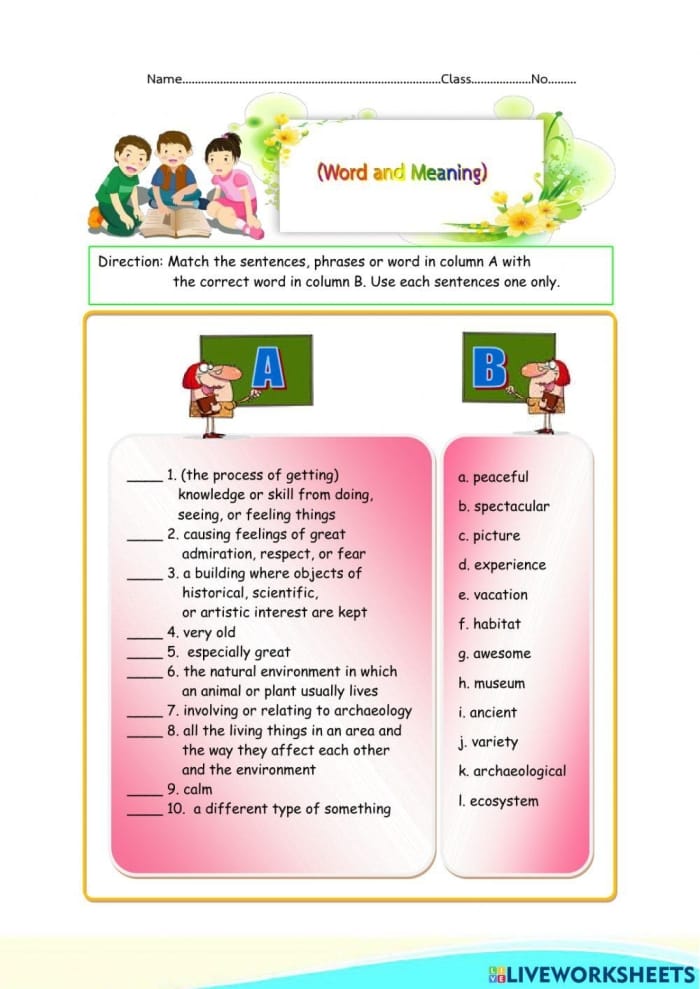 Fourth grade student using a Match the Meaning vocabulary worksheet to connect phrases with definitions