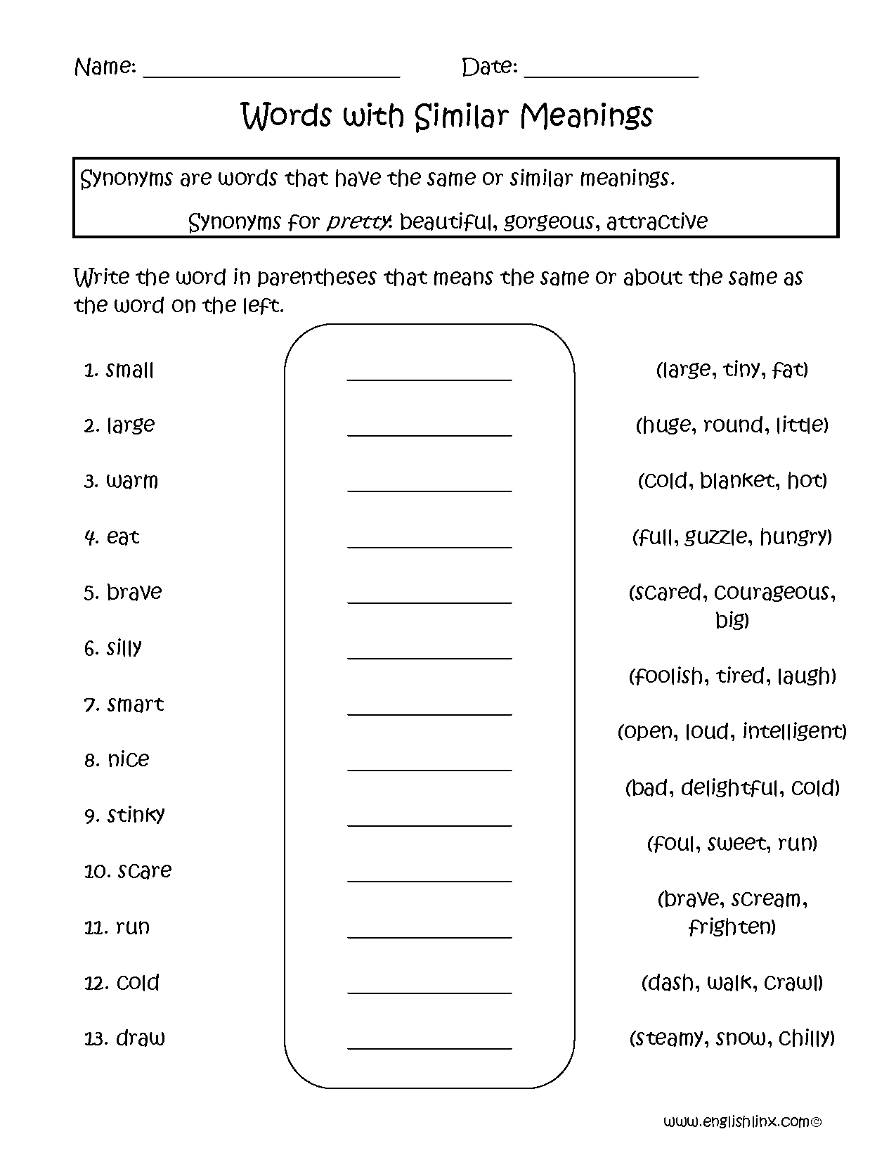 Students engaged in a vocabulary-building activity matching synonyms on a worksheet