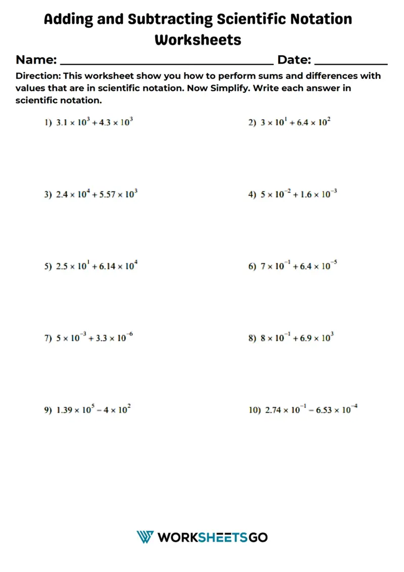 Engaging scientific notation matching worksheet for eighth graders Worksheet featuring a matching activity for adding and subtracting numbers in scientific notation