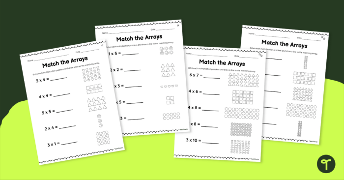Interactive worksheet for practicing algebra skills in third grade Visual representation of matching arrays to equations for third graders