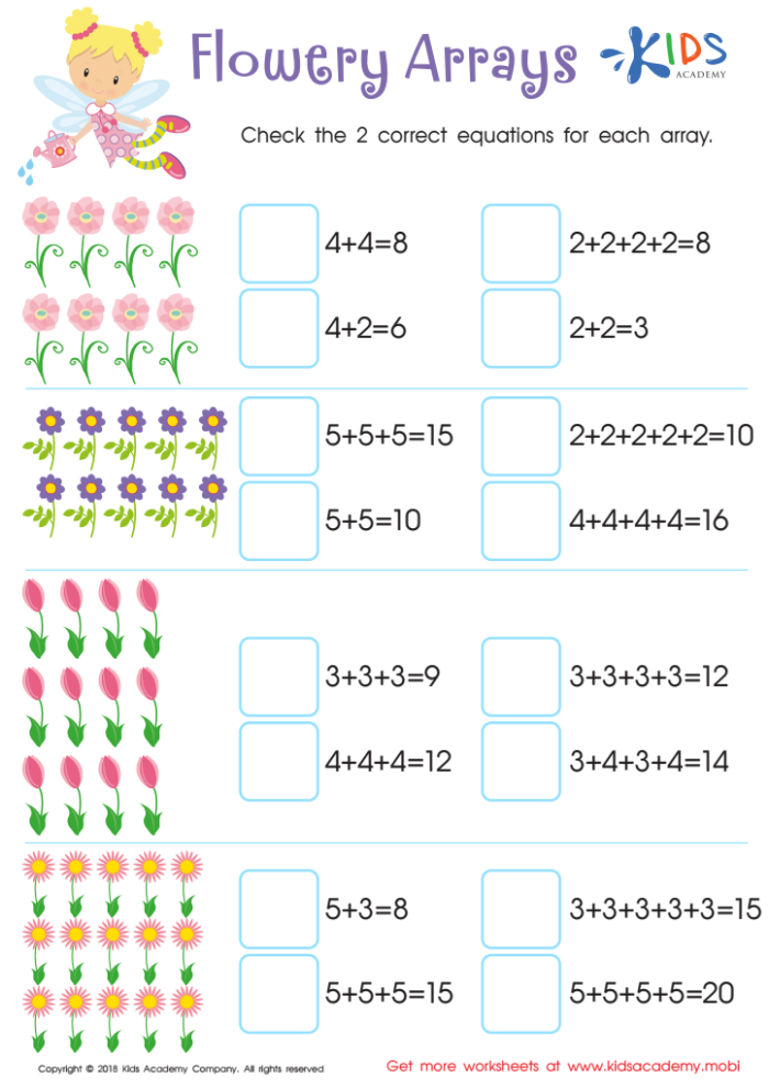 Algebra worksheet for Third Grade Matching Arrays to Equations worksheet for third graders, featuring visual arrays and corresponding equations. Engaging practice activity for translating between arrays and equations for young learners.