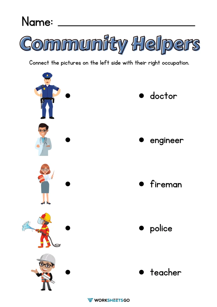 Community Helpers Whos Who Worksheet Reading Activity for Kindergarten Kindergarten student matching community helper job descriptions to the correct pictures on a worksheet