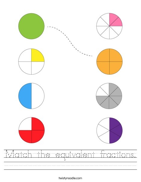 Worksheet featuring a matching activity for equivalent fractions suitable for third graders