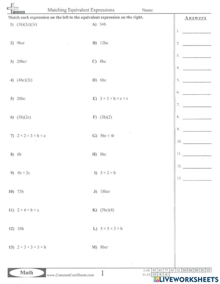 Sixth grade students practicing algebra by drawing lines between matching equivalent expressions on a worksheet
