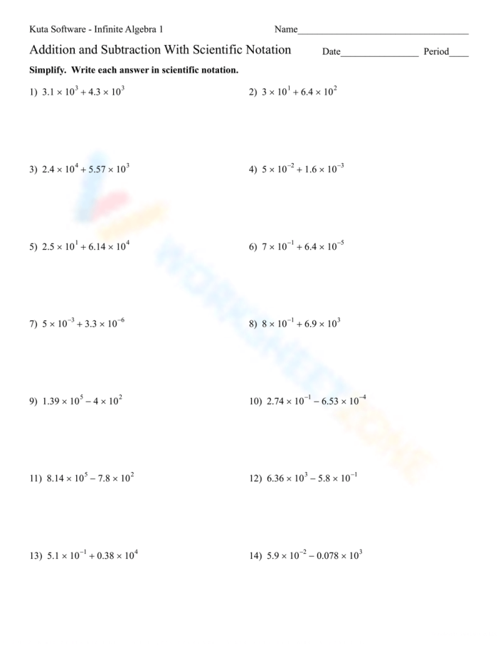 Interactive matching exercise for eighth-grade students on scientific notation operations Worksheet featuring a matching activity for adding and subtracting numbers in scientific notation
