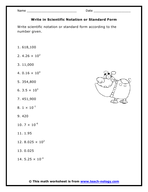 Matching Numbers in Scientific Notation and Standard Form Worksheet 6 Eighth grade math worksheet requiring students to draw lines between scientific notation expressions and their standard form equivalents.