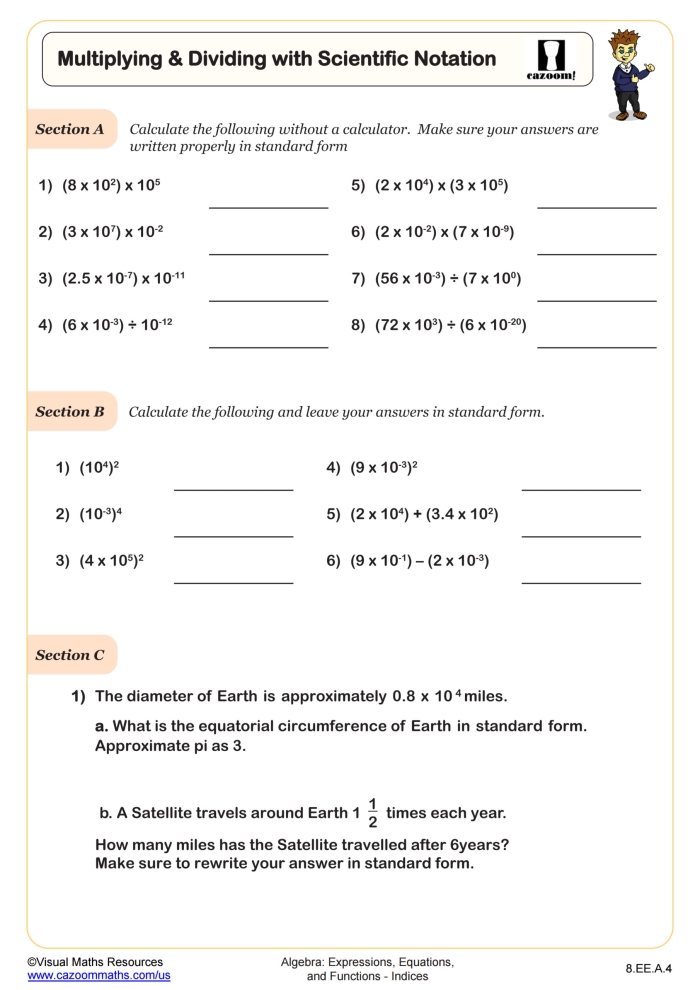 Fun matching worksheet to practice scientific notation operations for eighth graders Worksheet featuring a matching activity for adding and subtracting numbers in scientific notation