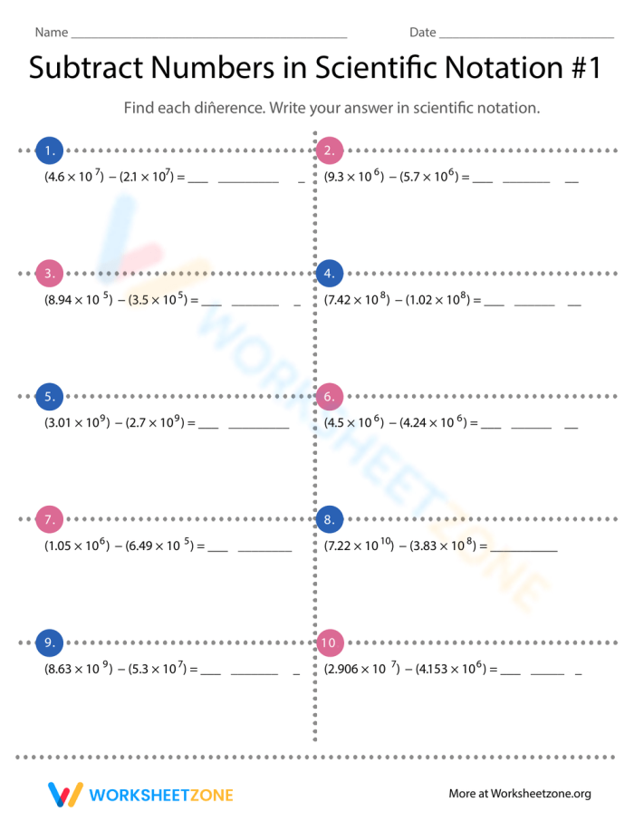 Fun matching worksheet for practicing scientific notation addition and subtraction skills Worksheet featuring a matching activity for adding and subtracting numbers in scientific notation