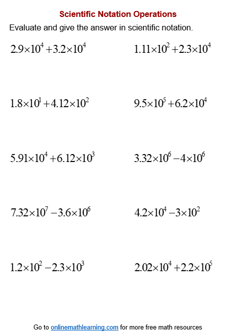 Fun matching exercise for eighth graders on scientific notation operations Worksheet for matching activities on adding and subtracting scientific notation numbers