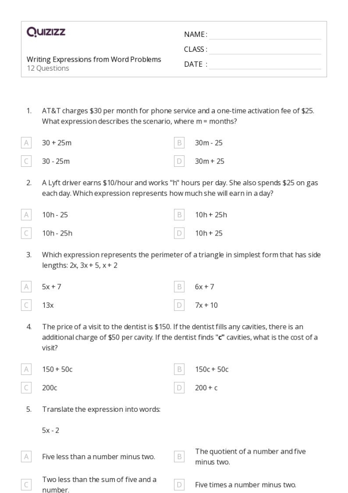 Variable Expression Word Problems Matching Activity Sixth Grade Math Worksheet 3 Sixth grade students match word problems to corresponding variable expressions in this mixed operations algebra worksheet