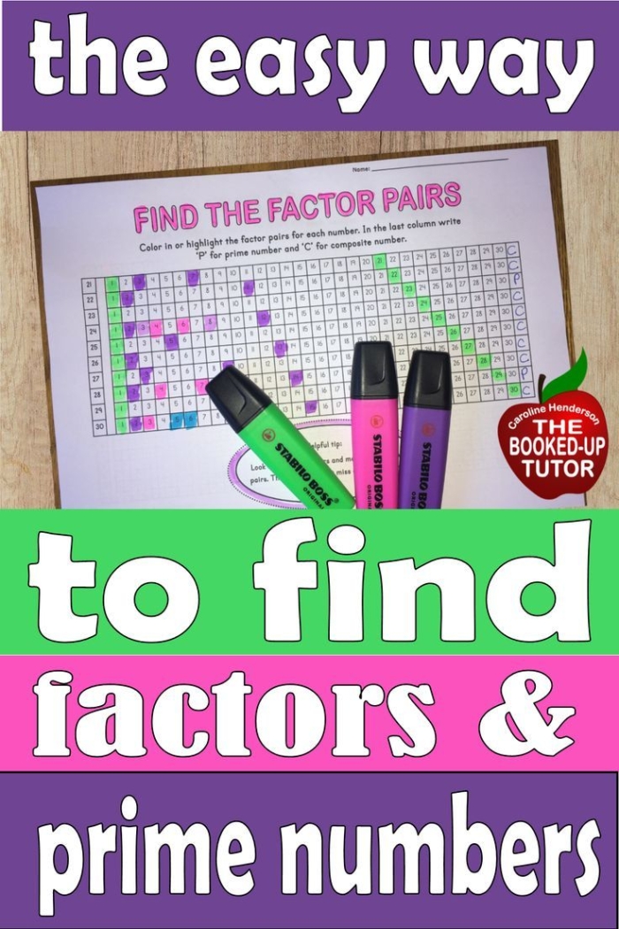 Fourth grade student completing a factors worksheet with multiplication problems and number pairs