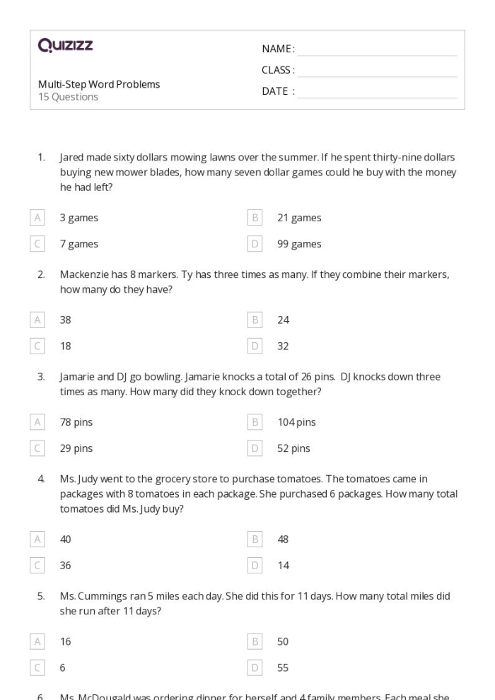 Students solving multiplication and division problems on the Flying Through Fourth Grade worksheet
