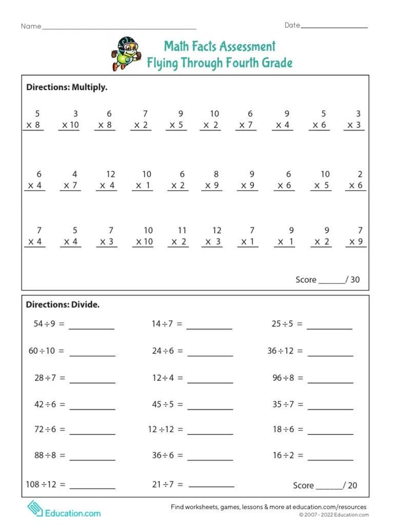 Students practicing multiplication and division in the Flying Through Fourth Grade worksheet