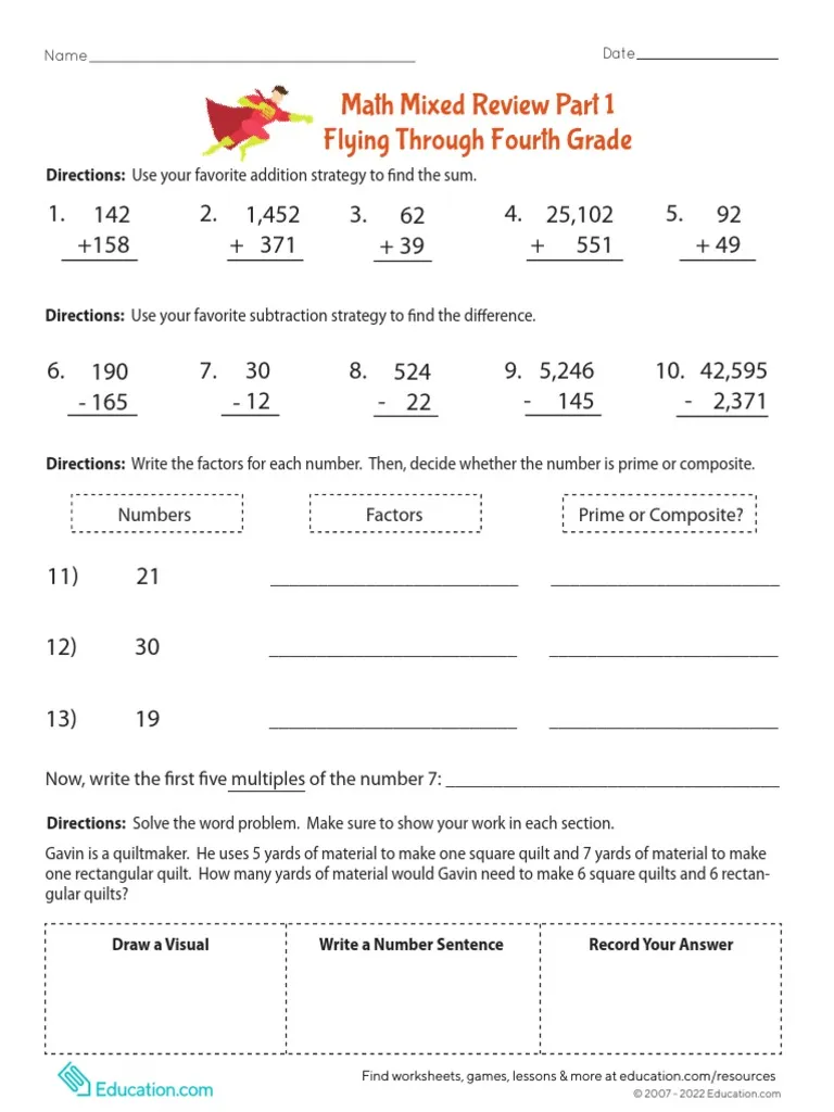 Worksheet featuring a math assessment for fourth graders on multiplication and division facts
