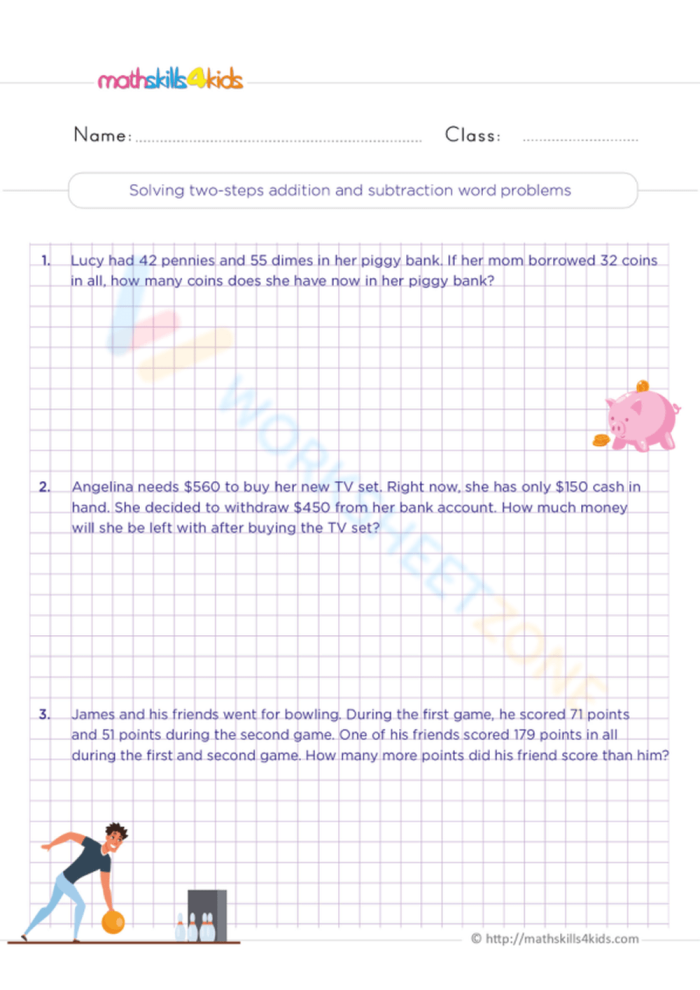 Stepping Through Addition and Subtraction Word Problems Practice Worksheet 19 Third grade student worksheet focusing on multi-step addition and subtraction word problems