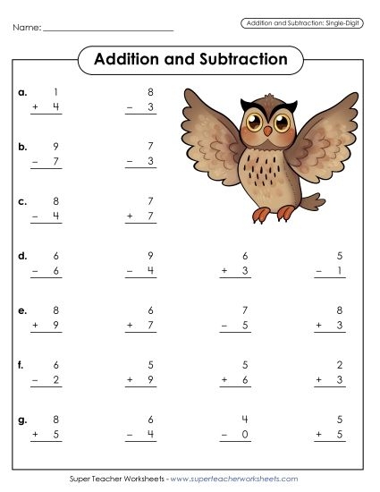 First grade math worksheet featuring single and double-digit addition and subtraction problems for young learners