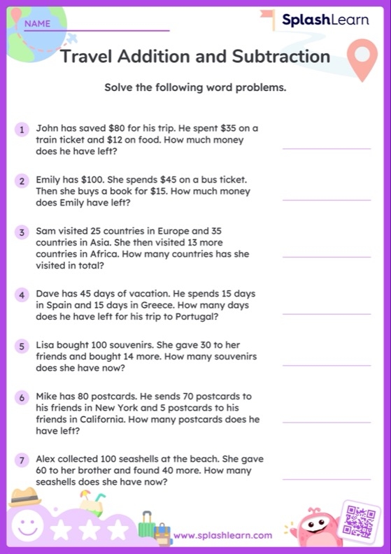 Third grade student completing a worksheet with two-step addition and subtraction word problems