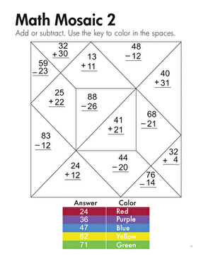 Second grade student solving two-digit addition and subtraction problems on a math mosaic measurement worksheet