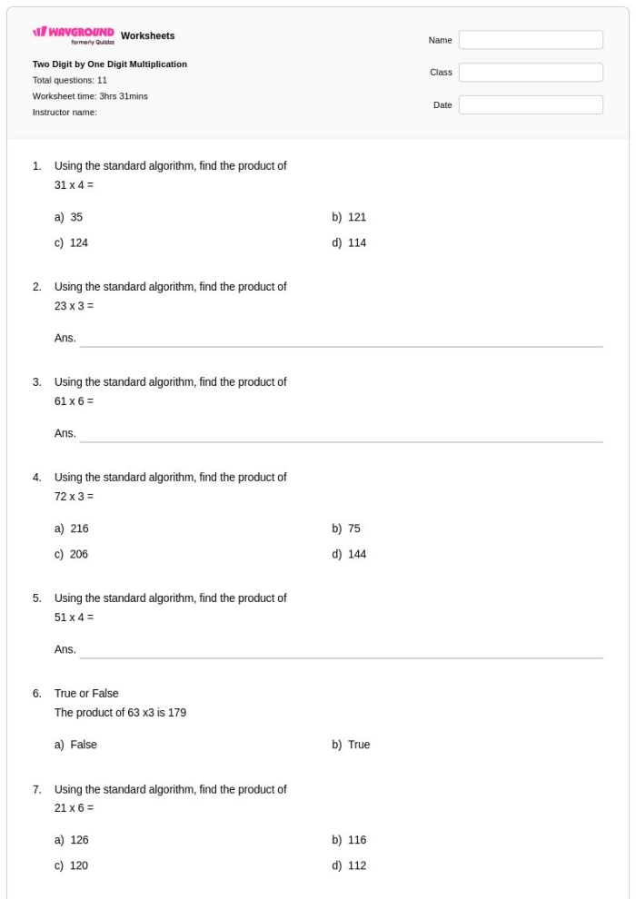 Third grade students solving two-digit by one-digit multiplication problems on a math practice worksheet