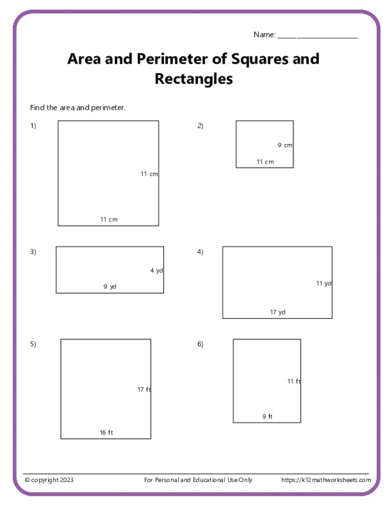 Area and Perimeter of a Rectangle worksheet for fourth graders featuring math ninjas