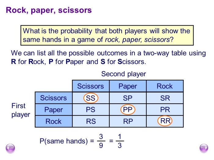 Fifth grade student calculating the probability of rock paper scissors outcomes on a worksheet