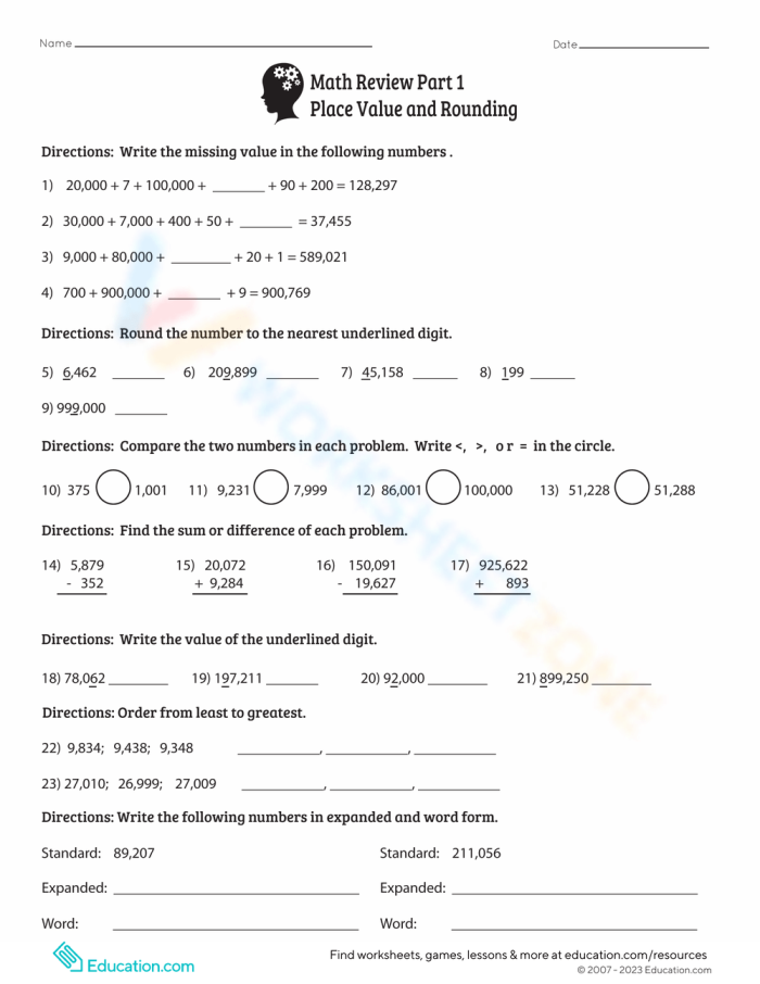 Comprehensive assessment tool for understanding number sense skills Math Review Part 1 worksheet focusing on place value and rounding for fourth graders