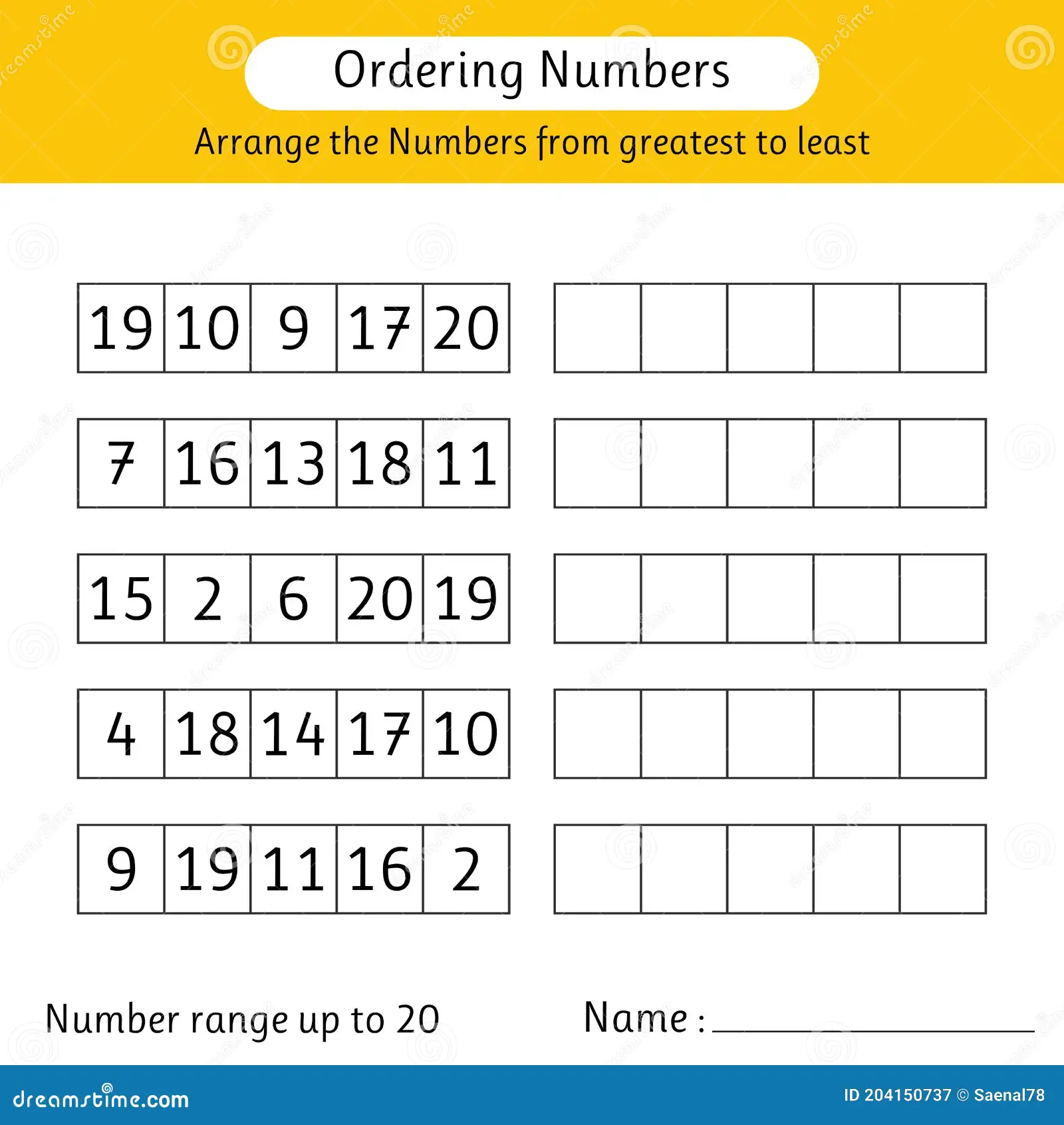 First grade worksheet for arranging numbers from least to greatest