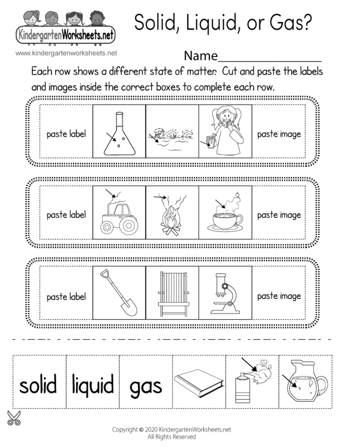 Matter Mixup worksheet featuring exercises for identifying solids, liquids, and gases for grade 1 science students