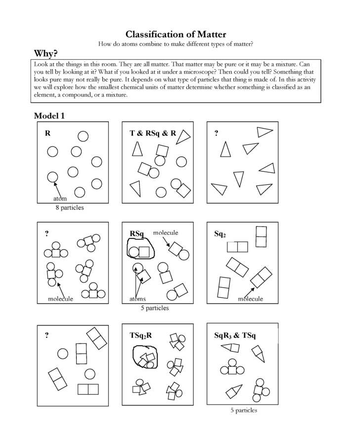 Sixth grade science worksheet focused on classifying matter through visual particle models