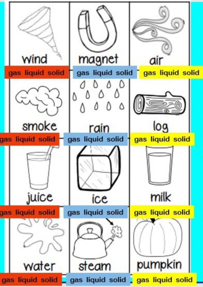 Second grade science worksheet focused on identifying solid, liquid, and gas examples