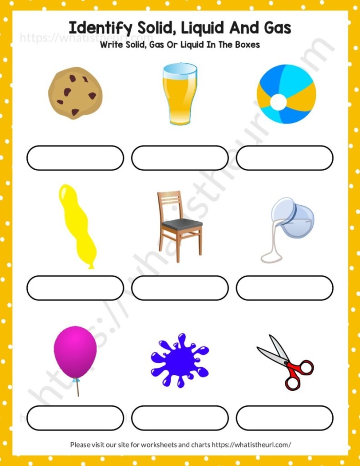 First grade student filling out the Matter Mixup worksheet with examples of solids liquids and gases